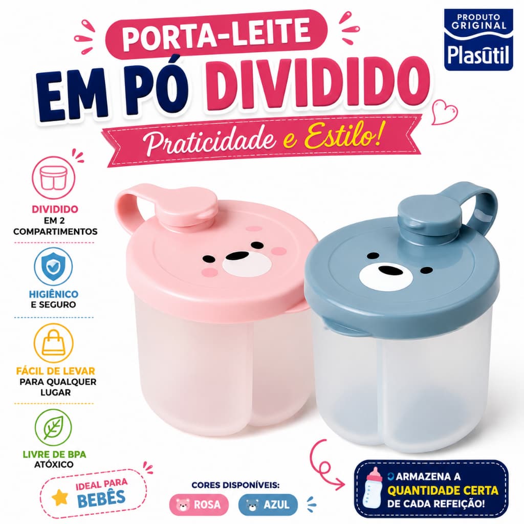 PORTA LEITE EM PÓ Dividido Infantil – Dosador com 3 Compartimentos Urso Plasútil Jardim/Creme/Safari