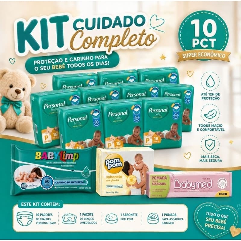 Kit 10 Pacotes de Fralda Descartável Personal Baby + Lenço Umedecido + Sabonete Pompom + Pomada