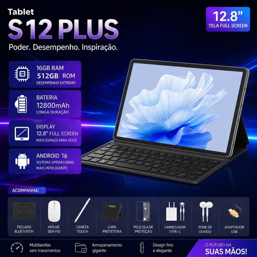 Galaxy Tablet S12 PLUS 12.8'' 16GB RAM 512GB ROM Android 16 | Tela 2K Full Screen + Bateria 12800mAh | câmera 24MP+48MP