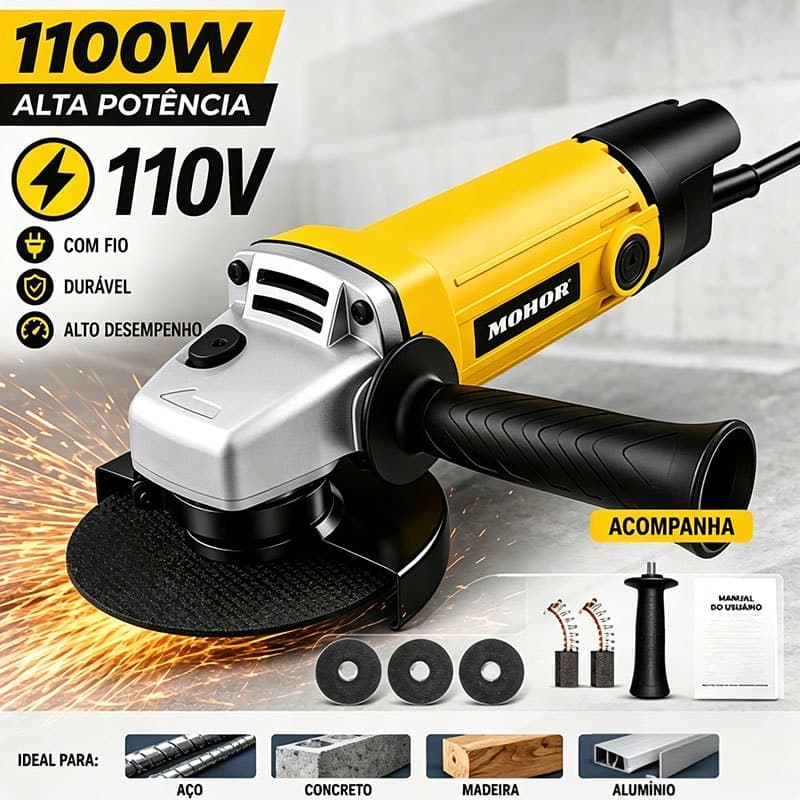 Esmerilhadeira Angular 115mm Lixadeira Elétrica 110V Kit Completo com Discos e Punho Auxiliar
