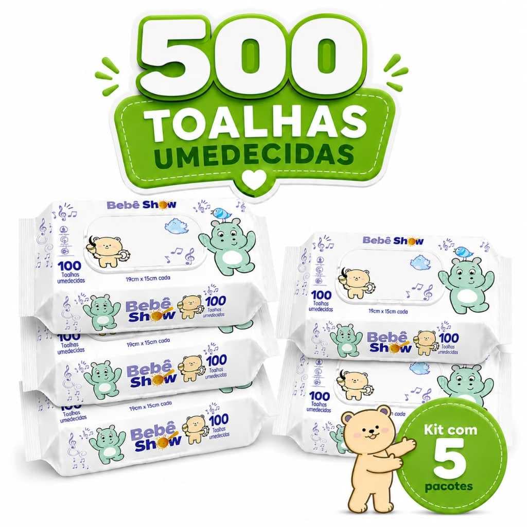 Lenço Umedecido Bebê Show 500 Unidades | Toalha Umedecida Bebê | Kit 5 Pacotes | Sem Álcool 98% Água