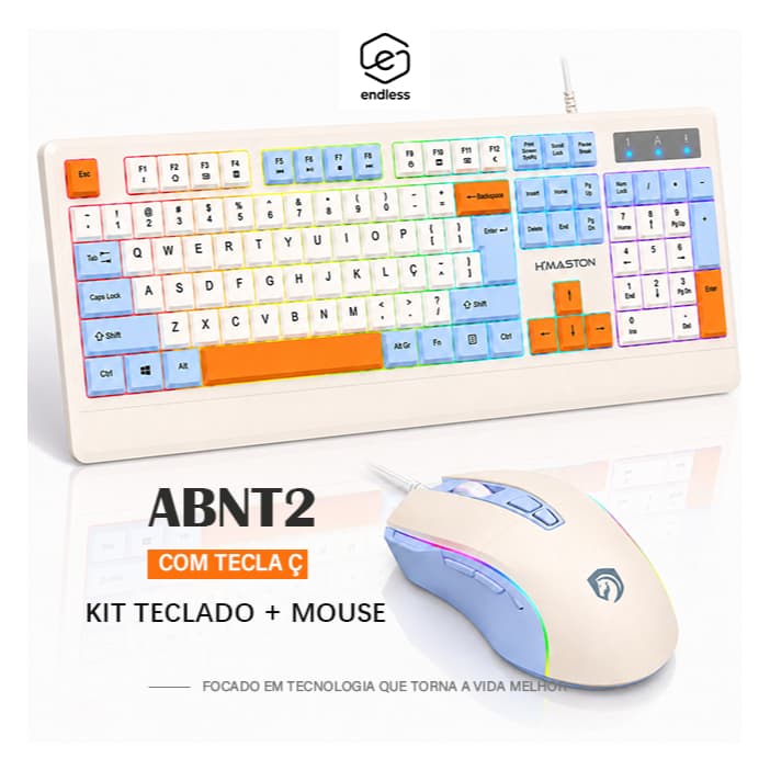 Kit Teclado e Mouse Gamer USB com Fio 107 Teclas ABNT2 Blocos Coloridos para PC Notebook