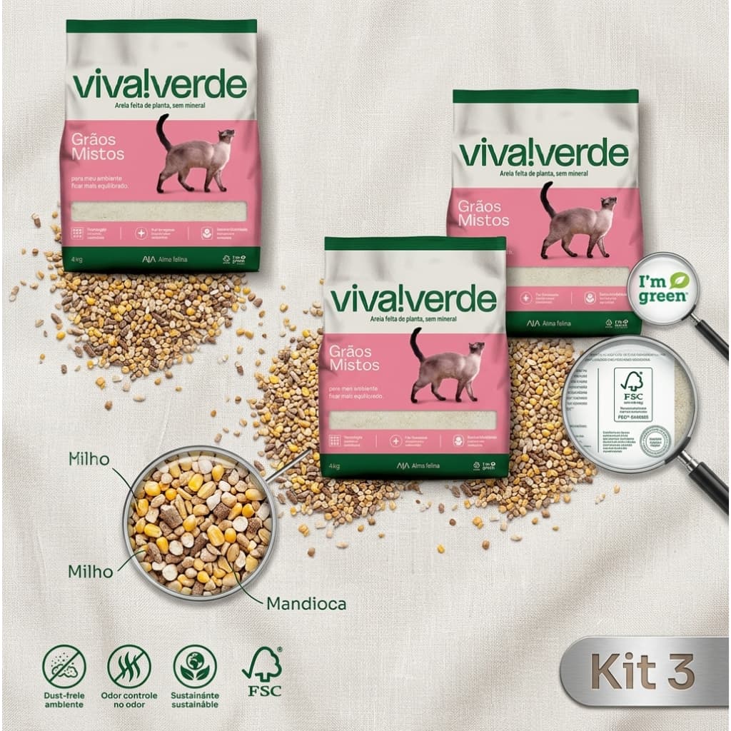 Kit 3 Areia Higiênic Viva Verde Grãos Mistos Sanitária Pacote 4 KG  Sanitária  Biodegradável Natural Para Gatos + Brinde