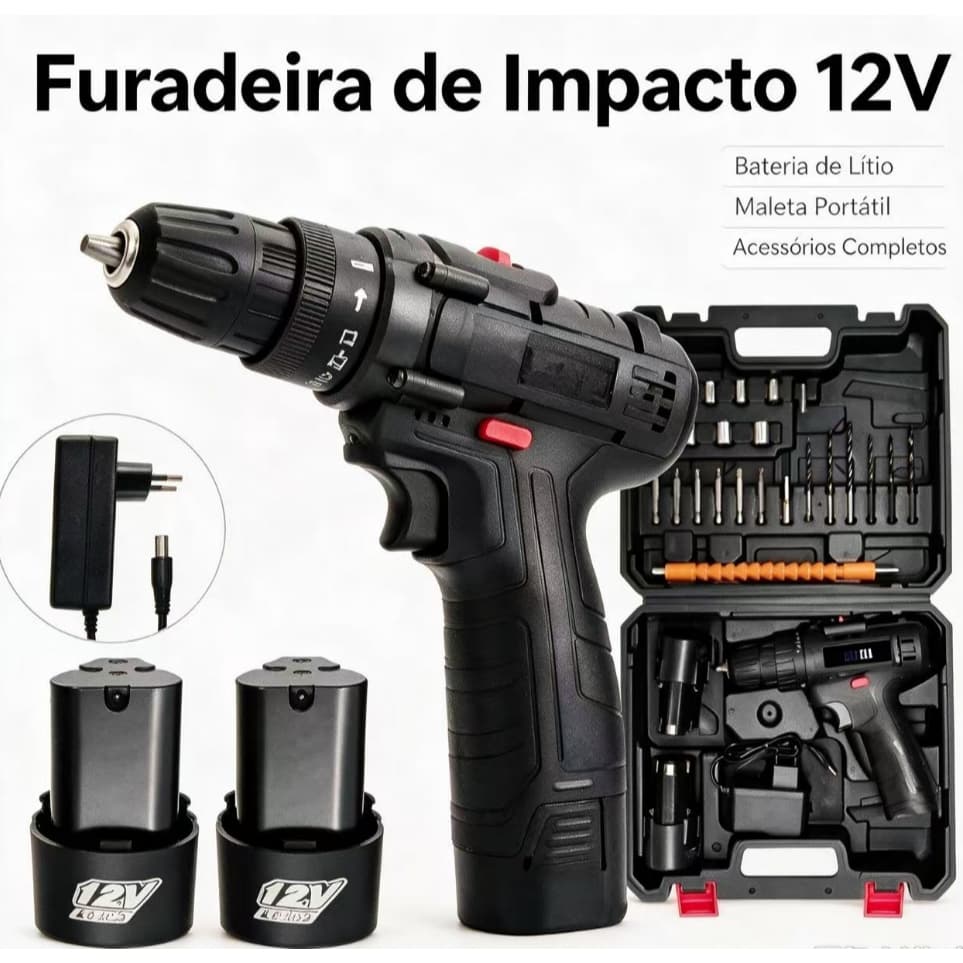 Kit Parafusadeira Furadeira Sem Fio Recarregável LED Com 2 Baterias 12v Bivolt Brocas Bits Maleta Profissional