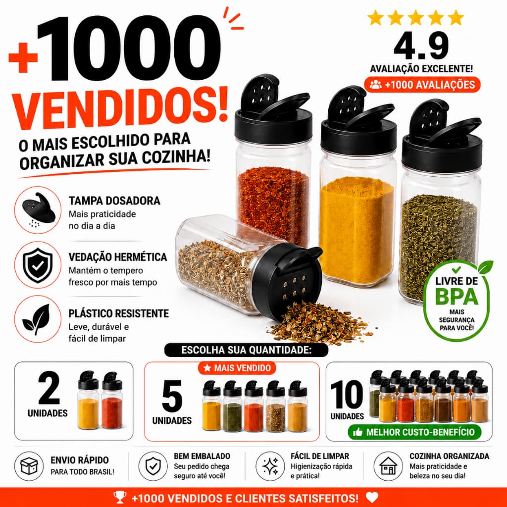 Potes para Temperos 220ml Plástico Tampa Dosadora Kit 2, 5 e 10 Unidades Porta Condimentos Cozinha BPA