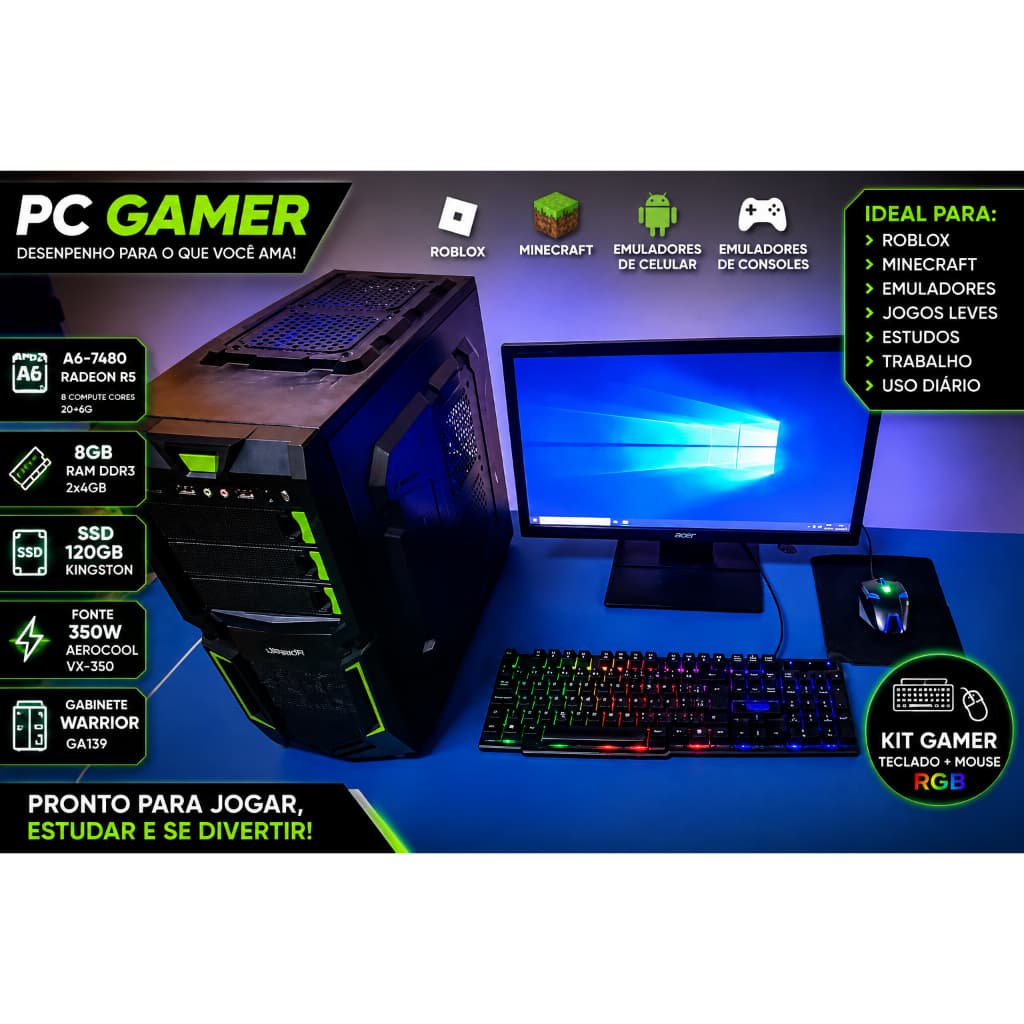 PC Gamer de entrada AMD A6 8GB SSD 120GB | Roblox, Minecraft + Emuladores | Kit Gamer RGB único