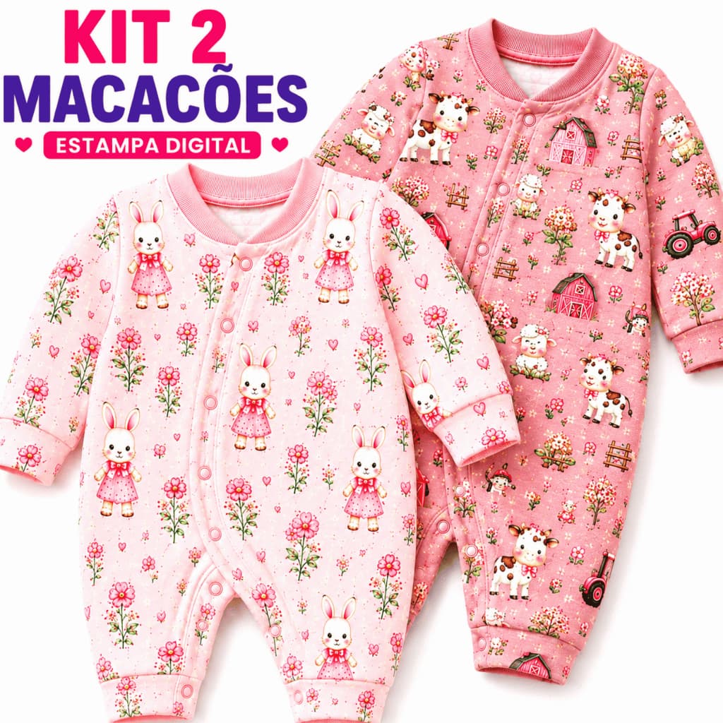 Kit 2 Macacão Bebê Menina Algodão Luxo Estampado Roupa Bebê Enxoval Recém Nascido Saída Maternidade Confortável