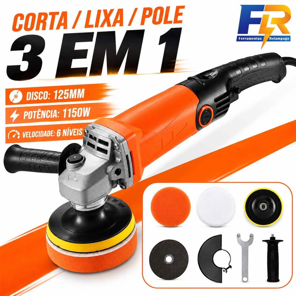 Politriz Esmerilhadeira Lixadeira 3 em 1 Multifuncional 125mm Profissional 1150W 6 Velocidades 110V/220V