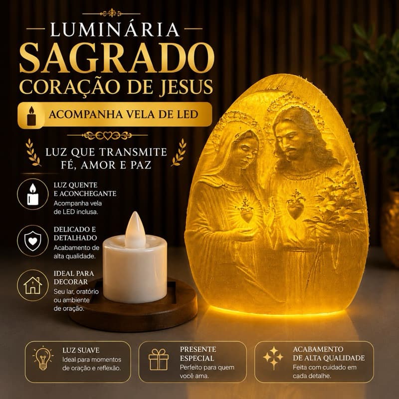 Luminária Sagrado Coração de Jesus  LED Religiosa Católica Decoração de Mesa com Vela LED Presente