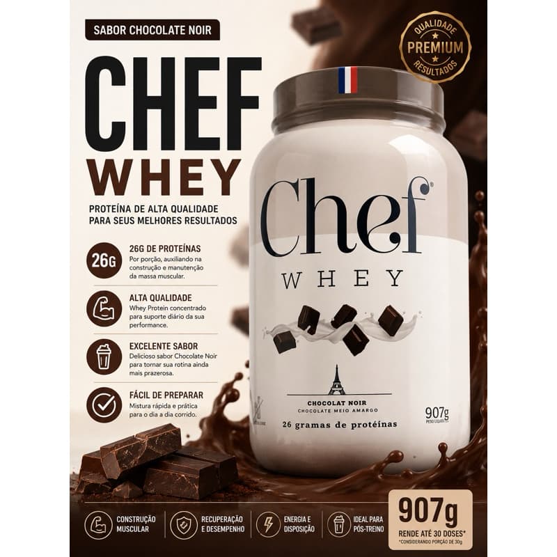 Chef Whey Protein 907g 26g de Proteína Sabor Chocolate Noir Meio Amargo