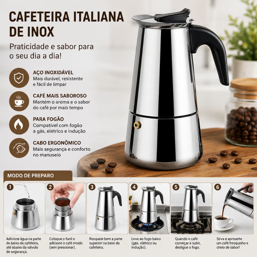 Cafeteira Italiana Moka em Inox para Café Expresso 200ml 300ml 450ml