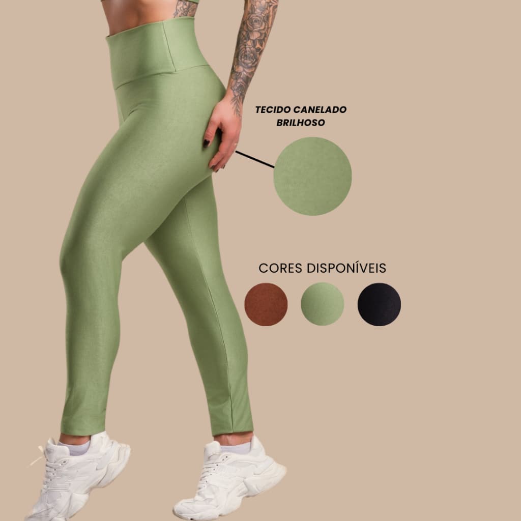 Calça Legging Lisa Feminina Fitness Canelado Brilhoso Cintura Alta Brilho Academia