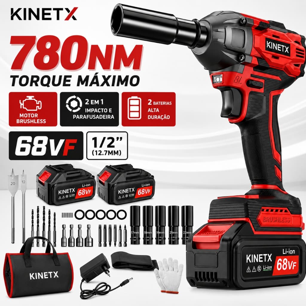 780NM Chave de Impacto A Baterias Brushless Parafusadeira E Furadeira Elétrica+ 2 Baterias + Kit Completo KINETX