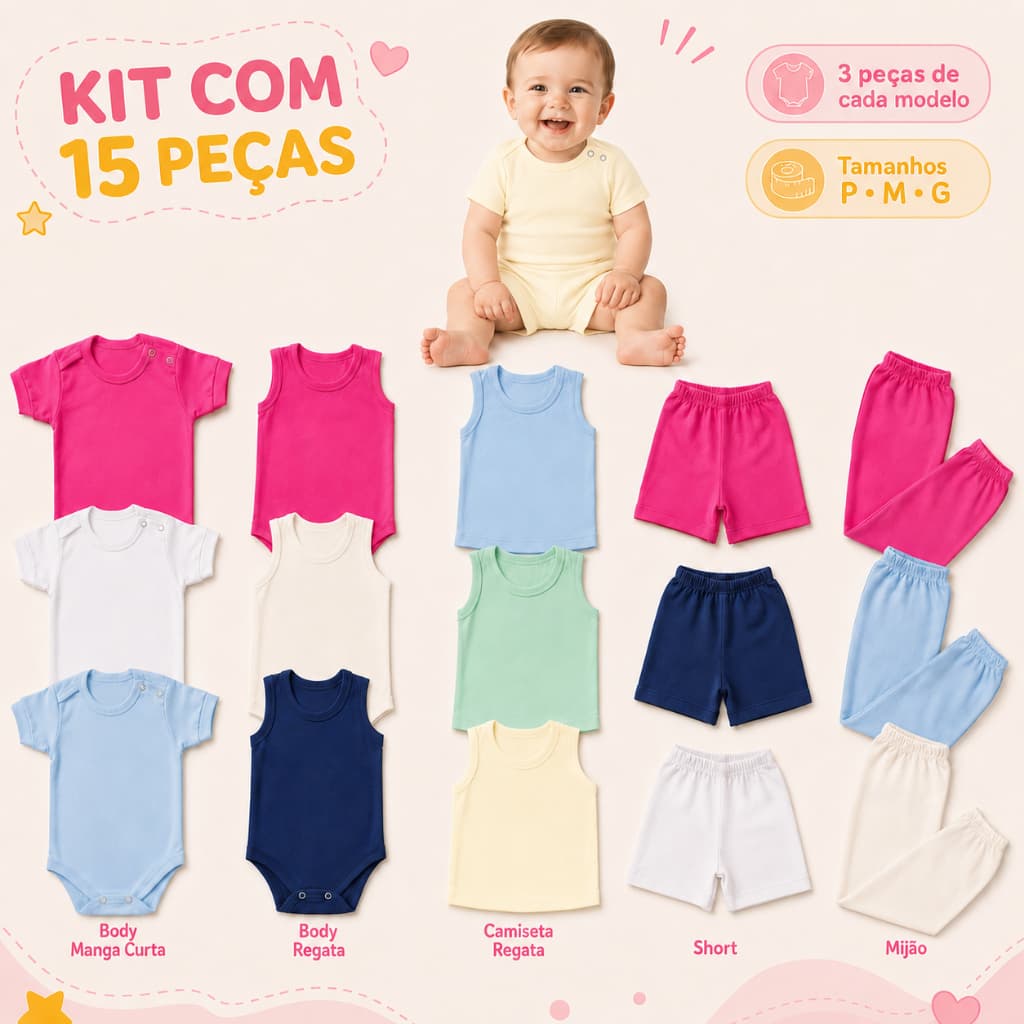 Kit Enxoval Bebê 15 Peças – Body Regata, body manga curta, camisetinha regata, Short e Mijão – Tamanhos P M G