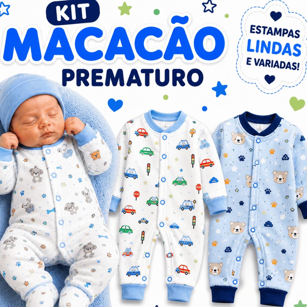 Kit 2 Macacão Bebê Prematuro Menino RN 100% Algodão Suedine Roupa Recém Nascido Enxoval Maternidade Manga Longa