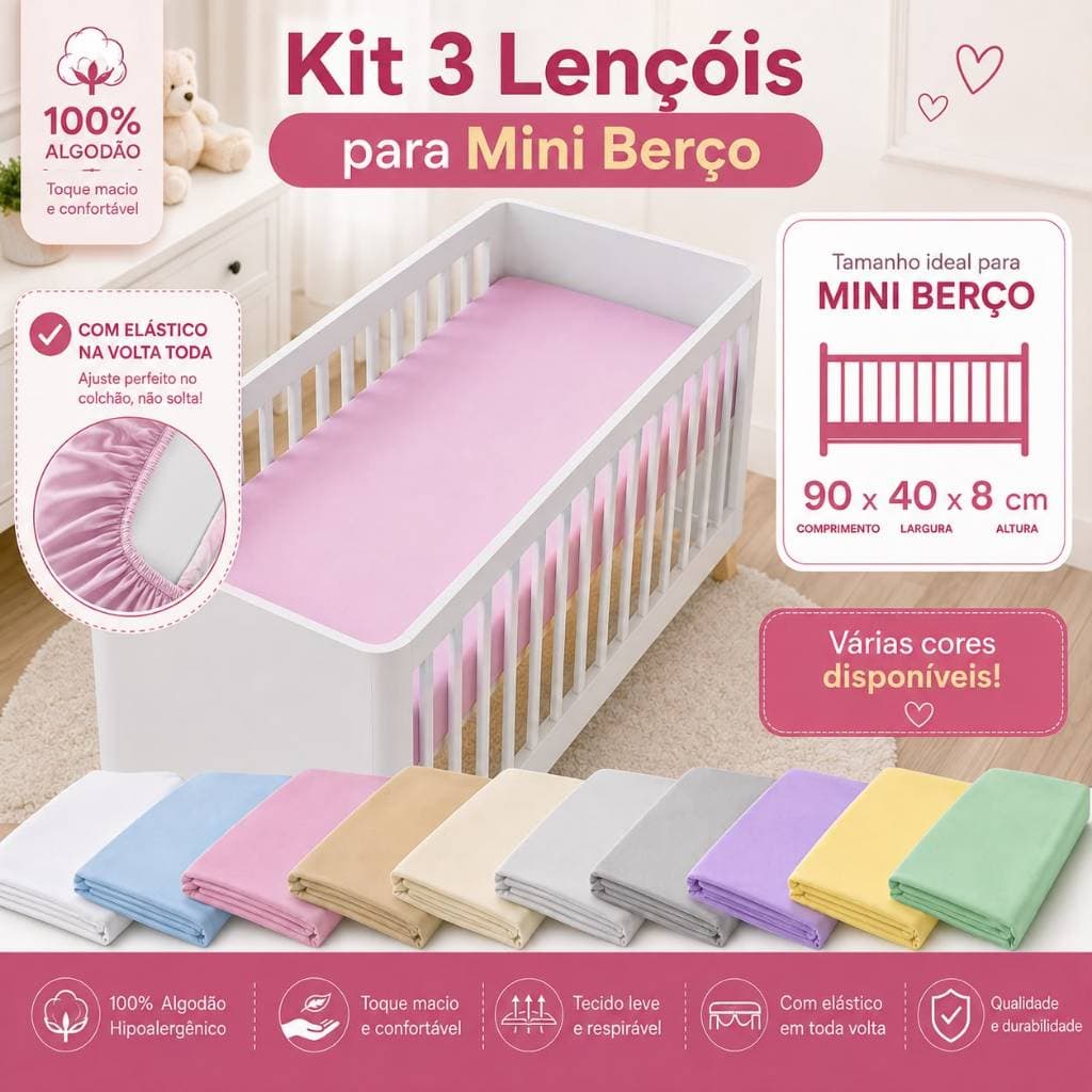 KIT 3 LENÇOL AVULSO DE ELÁSTICO PARA MINI BERÇO CORES VARIADAS 100% ALGODÃO