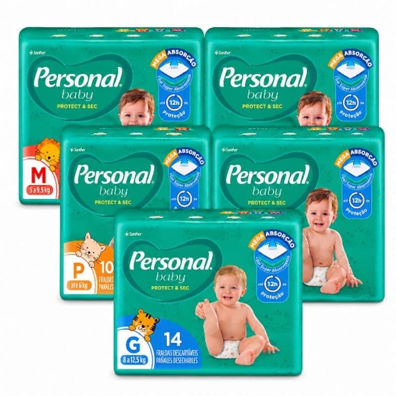Kit 5 Pacotes Fralda Descartável Personal Baby - Escolha o Tamanho P M G