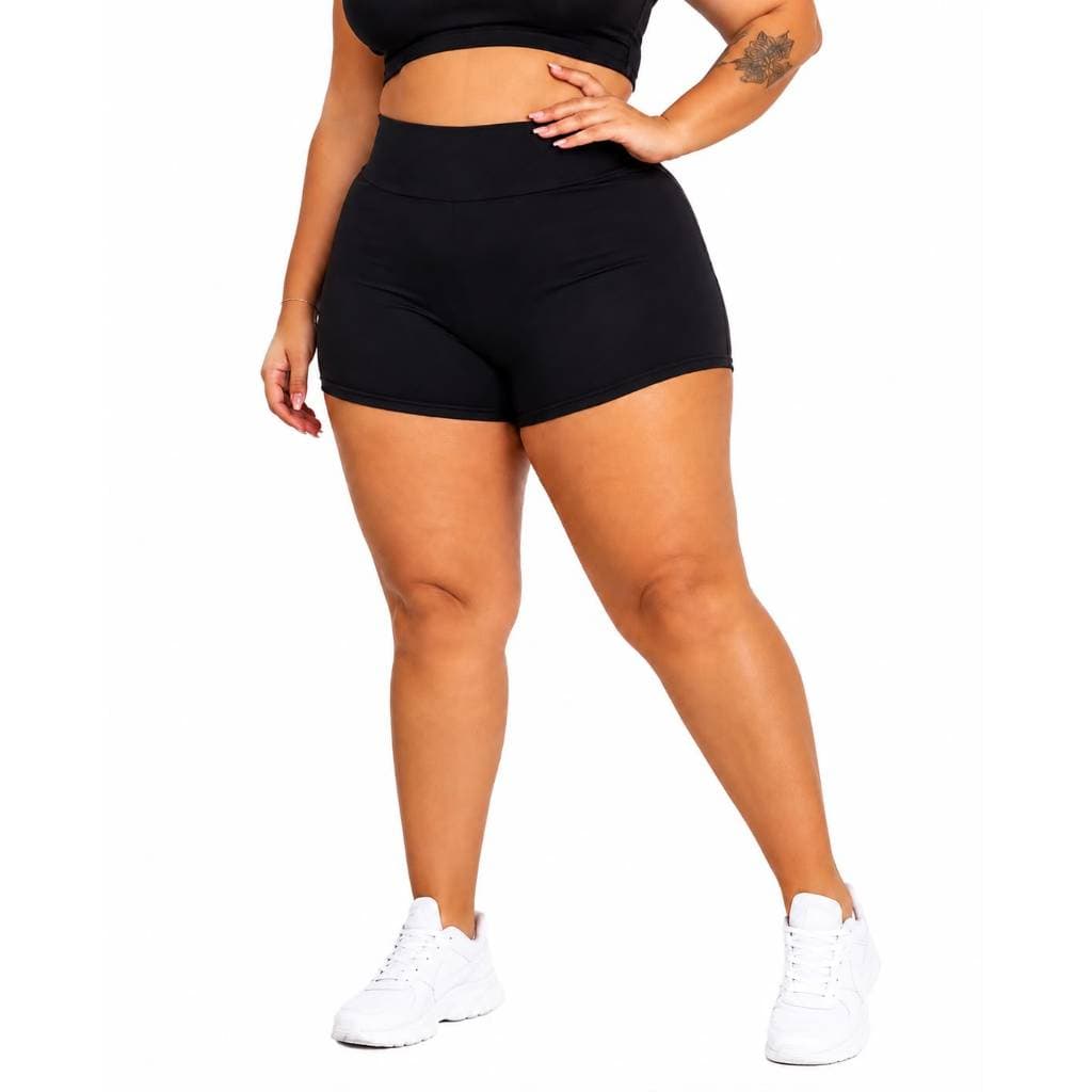 Shorts Feminino Legging Plus Size  Preto Cintura Alta Fitness Academia Não Transparente Tamanho Grande