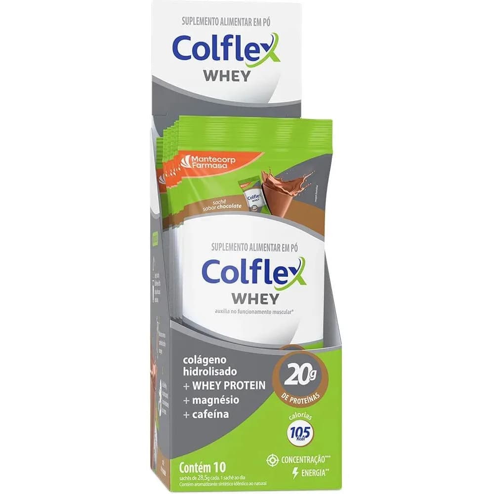 Colflex Whey Protein + Colágeno + Magnésio + Cafeína 10 Sachês Chocolate 20g Proteína