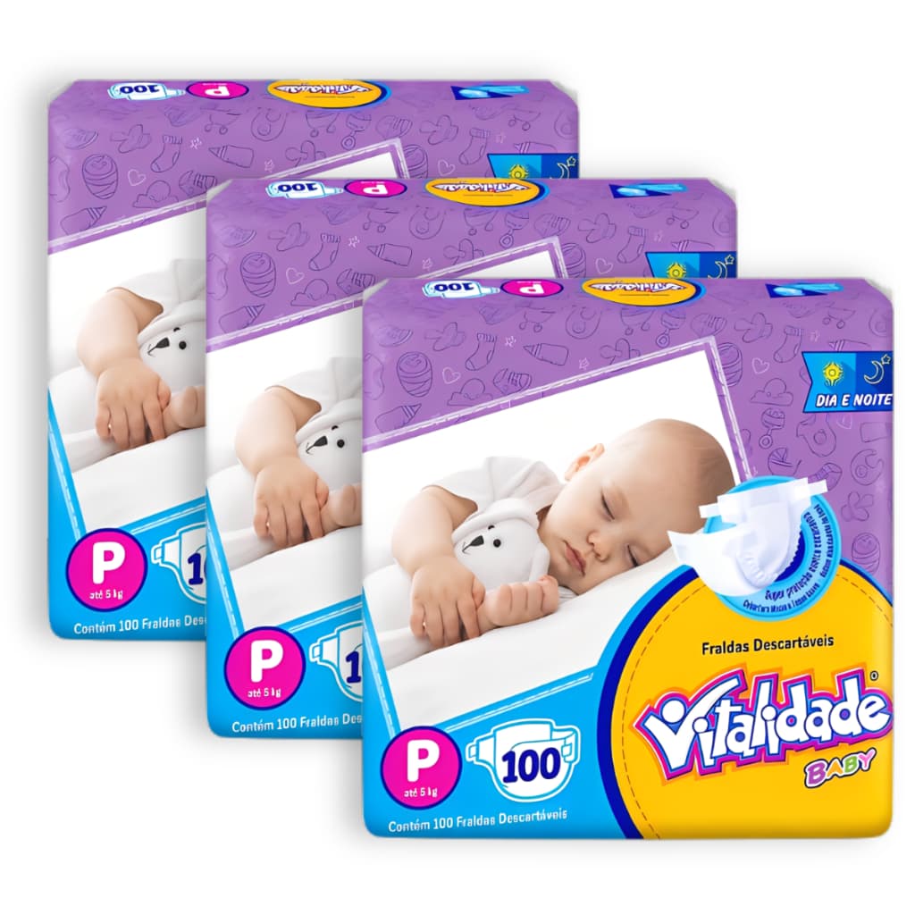 Kit 3 Fralda Destartável Pacotão Vitalidade Baby Hiper - Tamanho P - Total 300 Unidades