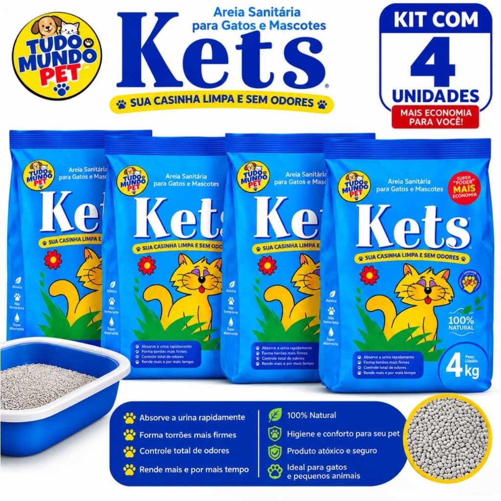 Kit 4 Areia Sanitária Para Gatos Kets 16kg - Torrão Firme Sem Odor Natural + Brinde Bolinha sino