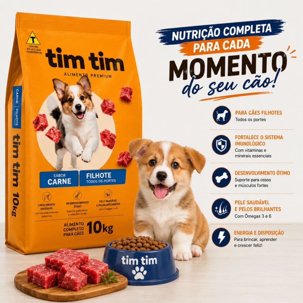 Ração Para Cachorro Filhote 10,1kg Tim Tim Carne Todos Os Portes Nutrição Completa