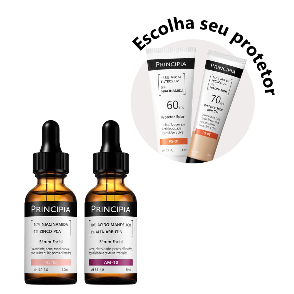 Principia Kit Anti-Manchas c/ Sérum Niacinamida NC-10 + Sérum Mandélico AM-10 + Protetor Solar PS-01 ou PS-05