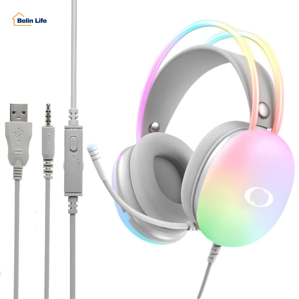 Fone Headset Gamer Onistek ON-FN635 Branco RGB 50mm com Fio USB P2 para PC Notebook