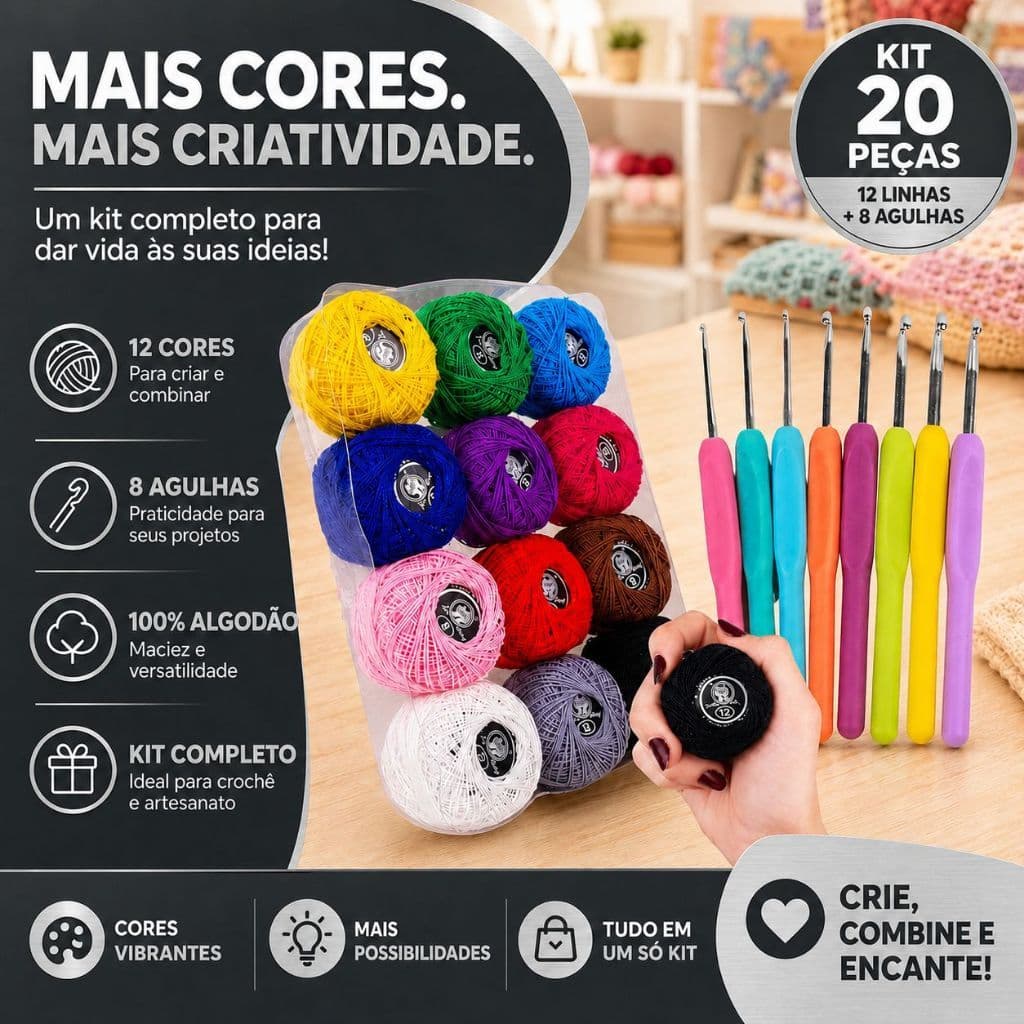 Kit Crochê Completo 12 Linhas Coloridas 100% Algodão + 8 Agulhas Ergonômicas Amigurumi Iniciante -AV