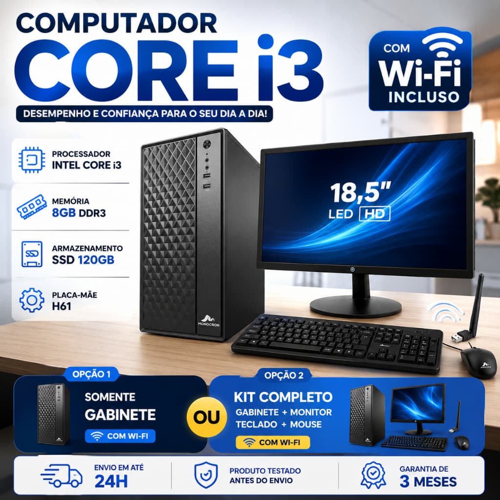 Computador Intel Core i3 8GB DDR3 SSD 120GB Wi-Fi | Completo com Monitor Teclado Mouse ou Só Gabinete