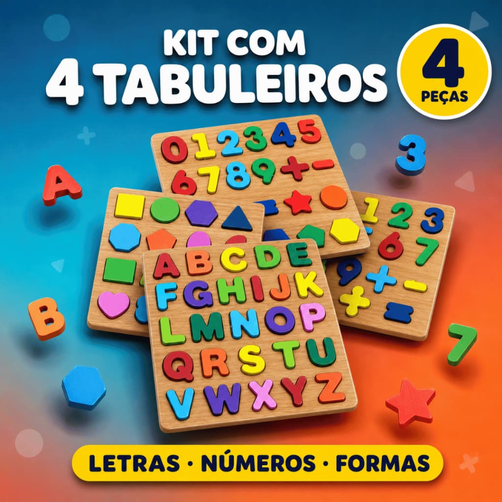Brinquedo Educativo Tabuleiros Madeira Alfabeto Números Formas Geométricas Encaixe Infantil