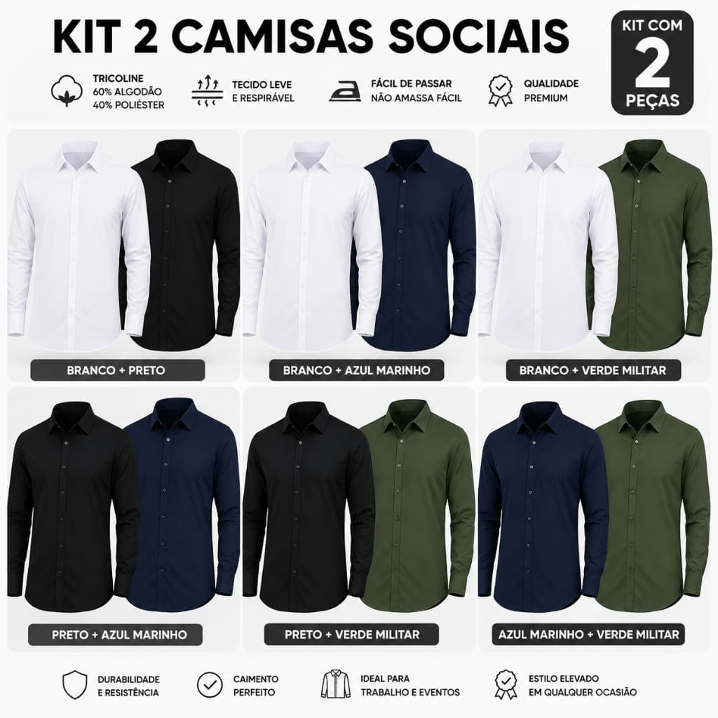 Kit 2 Camisas Sociais Manga Longa Masculina Tricoline Algodão Casual Slim Confortável