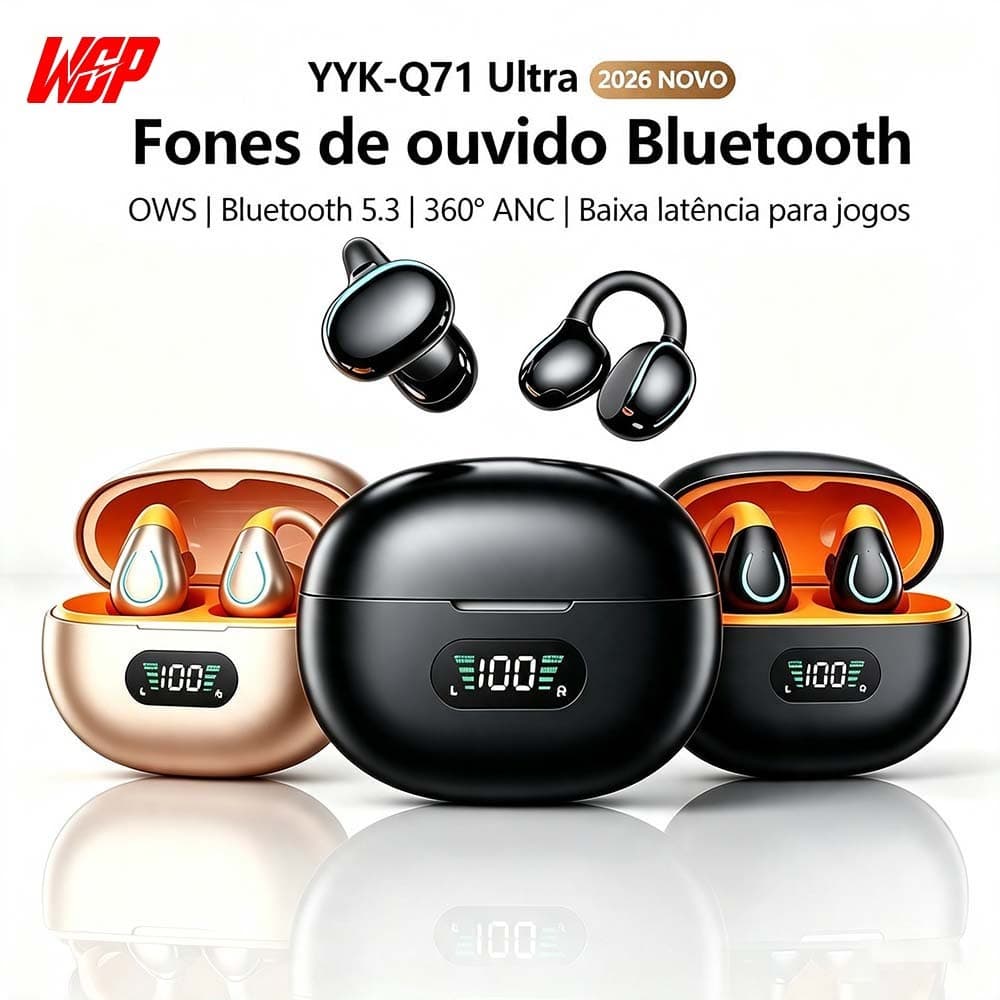 Fone Bluetooth Ouvido Clip Sem Inserir, Bluetooth 5.3, Som HD, Resistente ao Suor, Controle Inteligente, Longa Duração