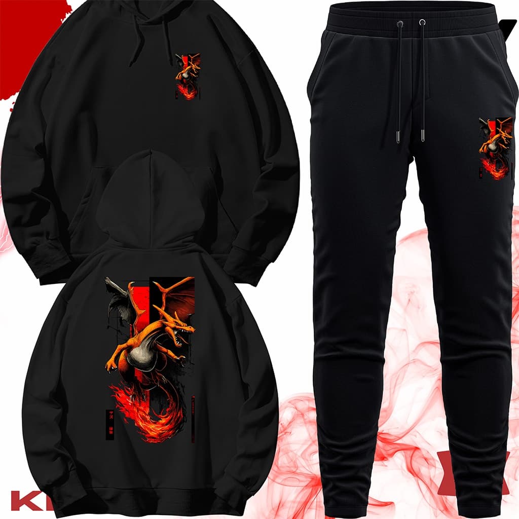 Conjunto Moletom Unissex Adulto Blusa de Frio Canguru e Calça Personalizada Estampa CHARIZARD DE FOGO