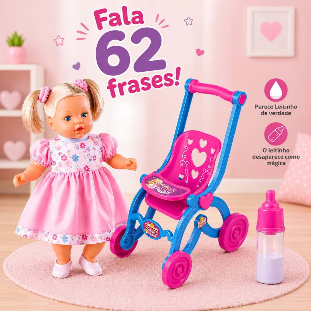 Boneca Angelina Fala 62 Frases mamadeira magica mais carrinho de passeio para boneca Princesa kit