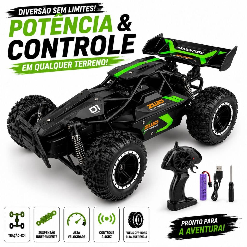 Carrinho Controle Remoto 1:18 Carro Buggy Brinquedo Recarregável 4x4 2WD Pneu de Borracha +15km/h