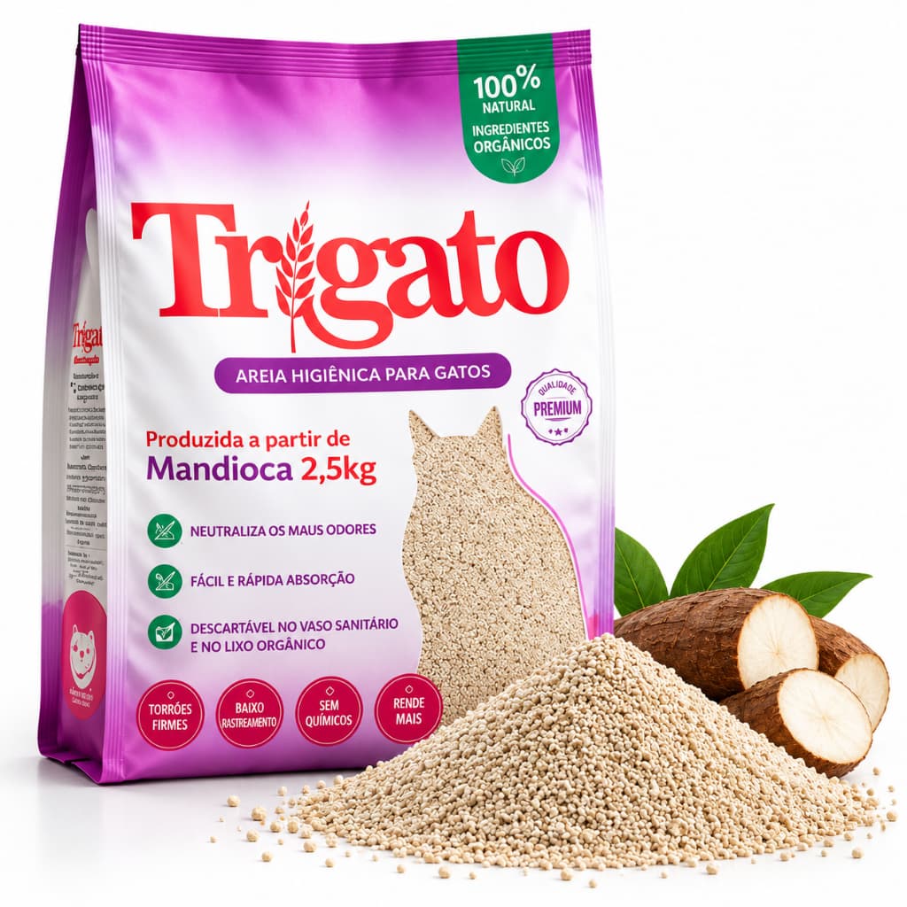 Areia Higiênica Para Gatos Trigato Mandioca 2,5kg Biodegradável Torrões Firmes