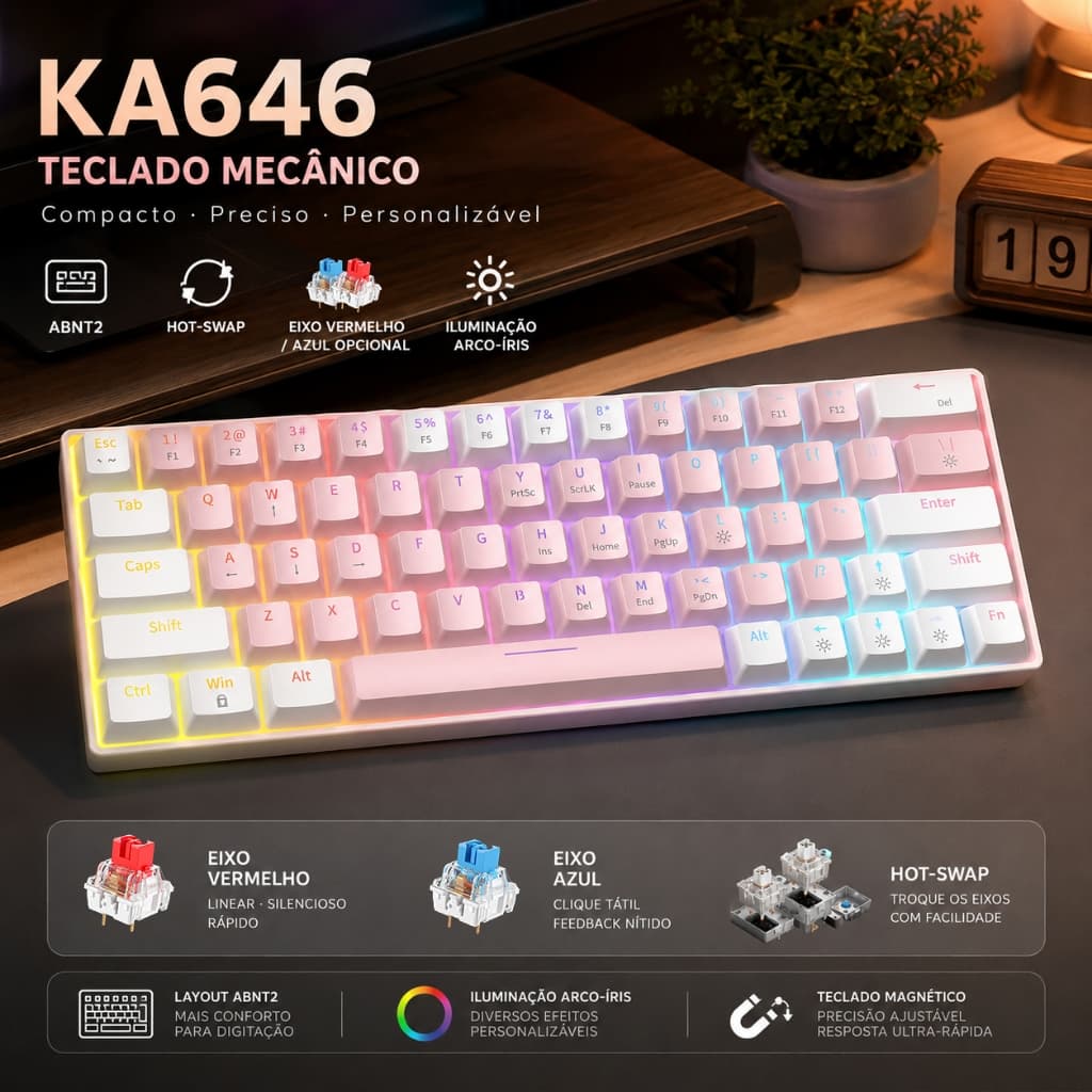 Teclado Mecânico Compacto 60% Rosa ABNT2 Hot Swap RGB Switch Blue NKRO Luz de fundo - ZIFRIEND KA646