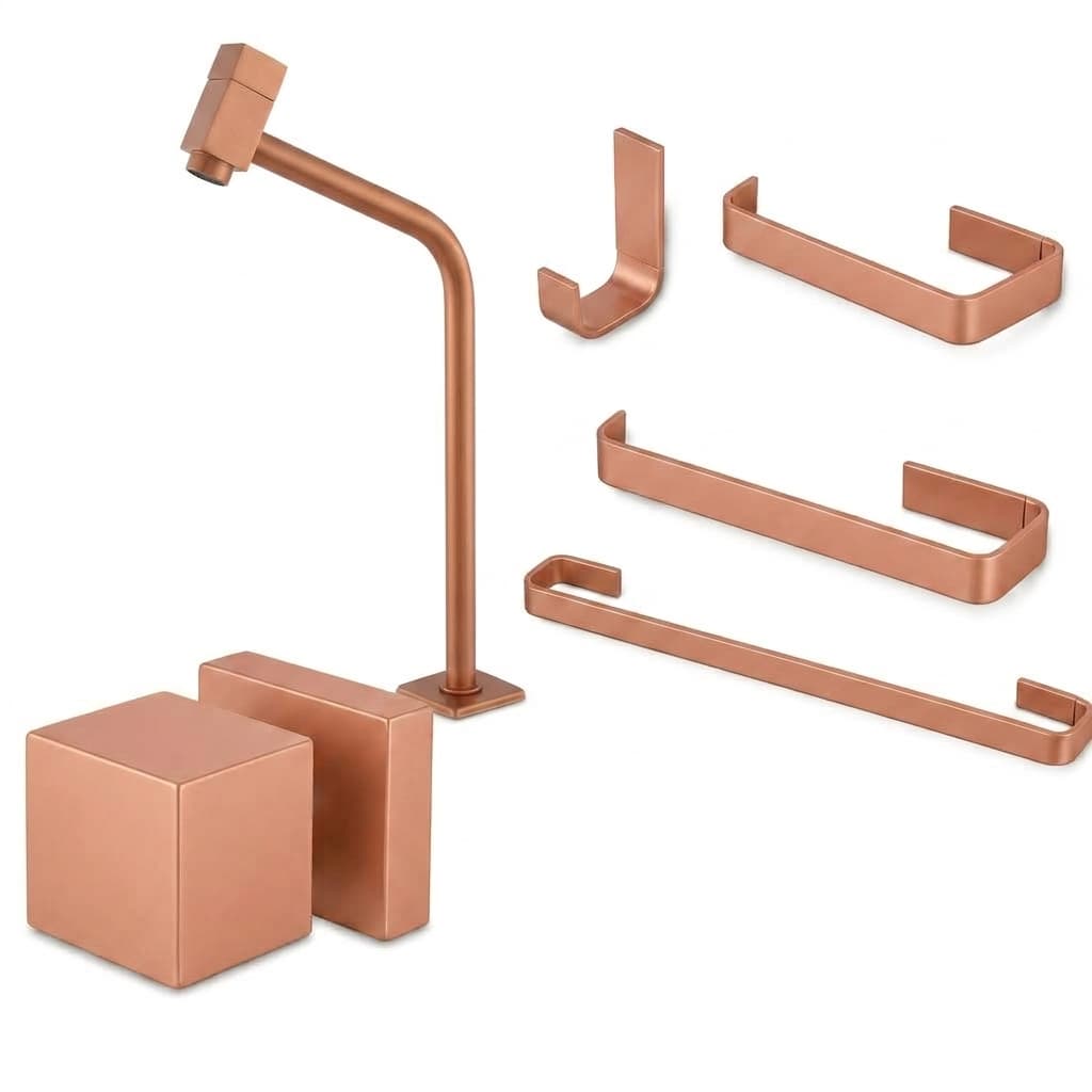 KIT COMPLETO PARA BANHEIRO LUXO TORNEIRA CUBA ROSE GOLD TODA EM METAL + KIT 4 PEÇAS + ACABAMENTO QUADRADO TODO EM METAL