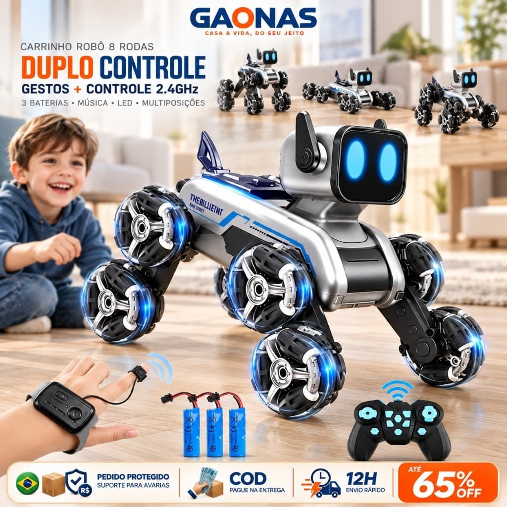 GN-Cachorro Robô de Controle Remoto Carrinho Robô 8 Rodas 2.4GHz com Sensor de Gestos Música e Luz LED