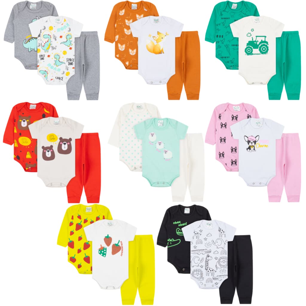 Kit 3 Peças Body Bebê Manga Curta Manga Longa Mijão Menino e Menina Roupa Bebe Premium