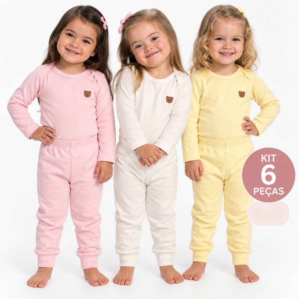 kit 3 Conjuntos Bebê Menina Body Longo + Calça Mijão Cores Sortidas RN ao GG 100% Algodão
