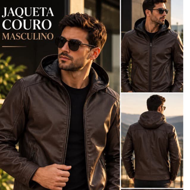 jaqueta masculina courino com capuz motociclista fechamento zíper bolsos casaco inverno urbano casual masculina couro