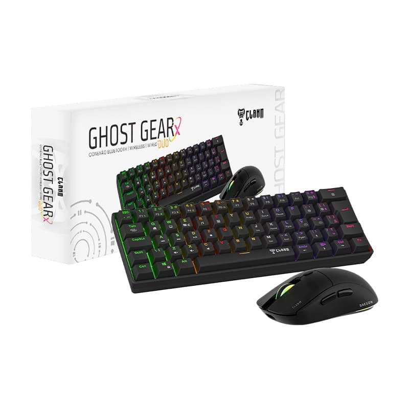 Kit Teclado Mecânico 60% ABNT2 e Mouse 10000 DPI Wireless Bluetooth Clanm Ghost Gear X Duo