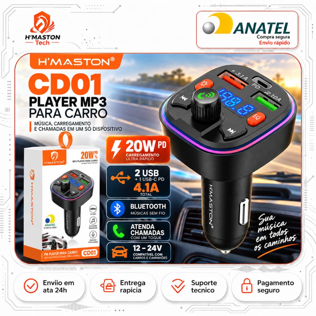 H'MASTON CD01 Carregador De Celular Para Carro Carregador Veicular Turbo Carregador Para Carro Adaptador Bluetooth Carro