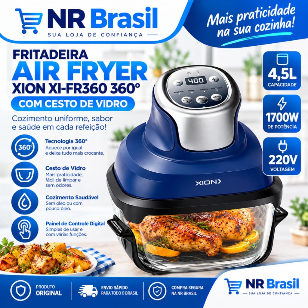 Fritadeira elétrica Air Fryer XION XI-FR360 4,5L 1700W 220V 4 em 1 Cesto de Vidro 360° Digital