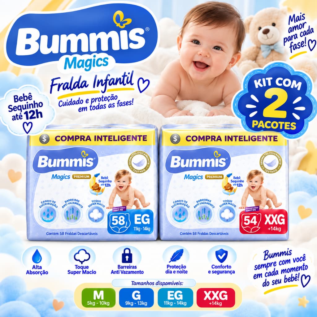 Kit com 2 Pacotes de Fraldas Bummis Hiper – Tecnologia Tubos Mágicos® (Todos os Tamanhos)