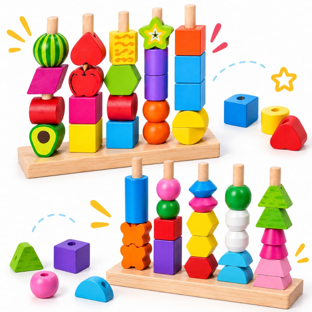 Kit 25 pcs Brinquedo Infantil Educativo de Forma Montessori Torre Madeira Colorido Coordenação