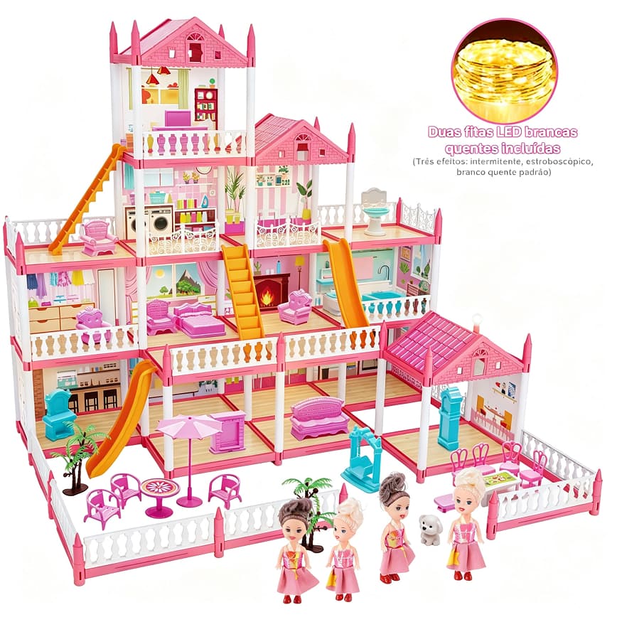 Casa de Boneca Princesa 4 Andares 14 Cômodos com Luz LED, 4 Bonecas, Escorregador e Móveis Completos Brinquedo Educativo