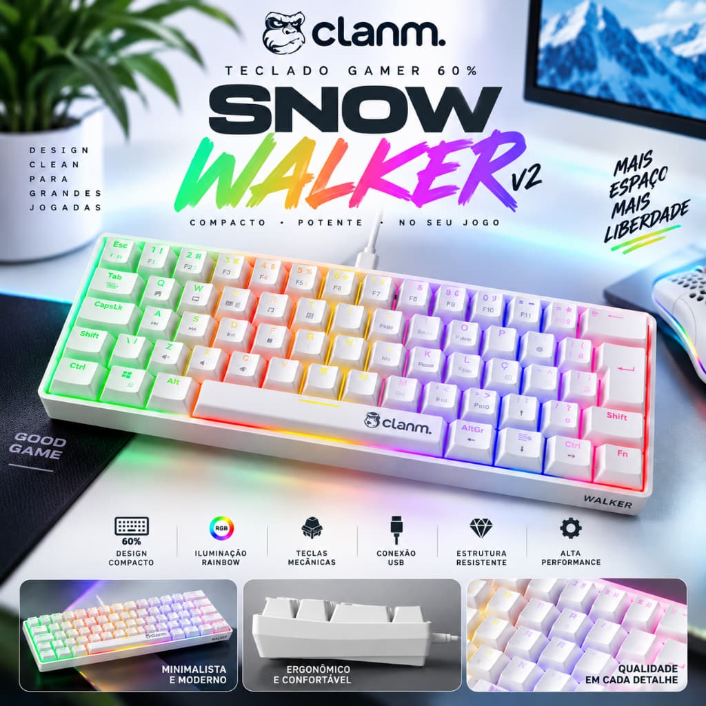 Teclado Mecânico Snow Walker V2  Mecânico Branco Gamer 60% Switch RED RGB